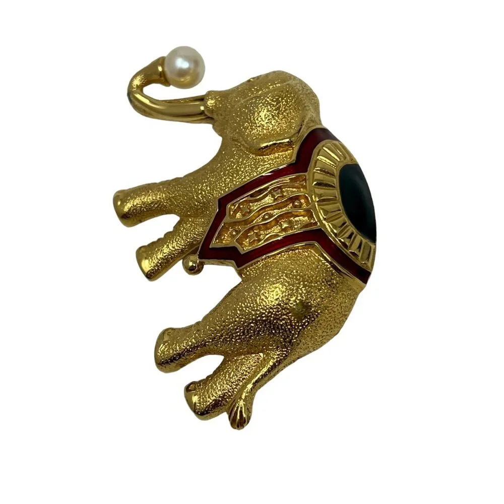 Vintage Monet Elephant Brooch Faux Pearl Red Blue Enamel and‎ Gold Tone Pin